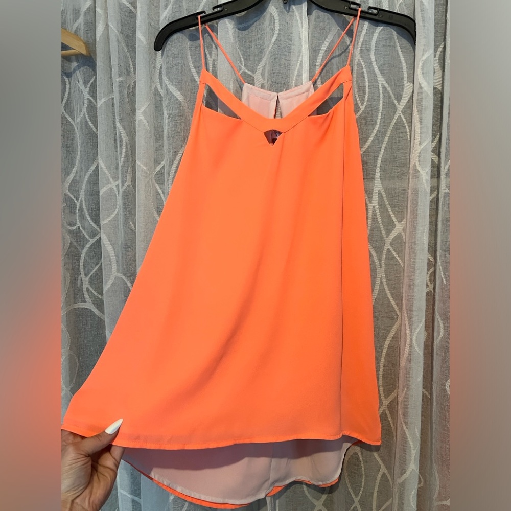 Express neon pastel orange sleeveless layered blouse - L NWOT but has small dot